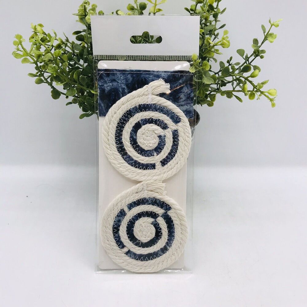 Rope Car Coasters Boho One Set of 2 Cotton Fabric Machine Washable Navy Galaxy